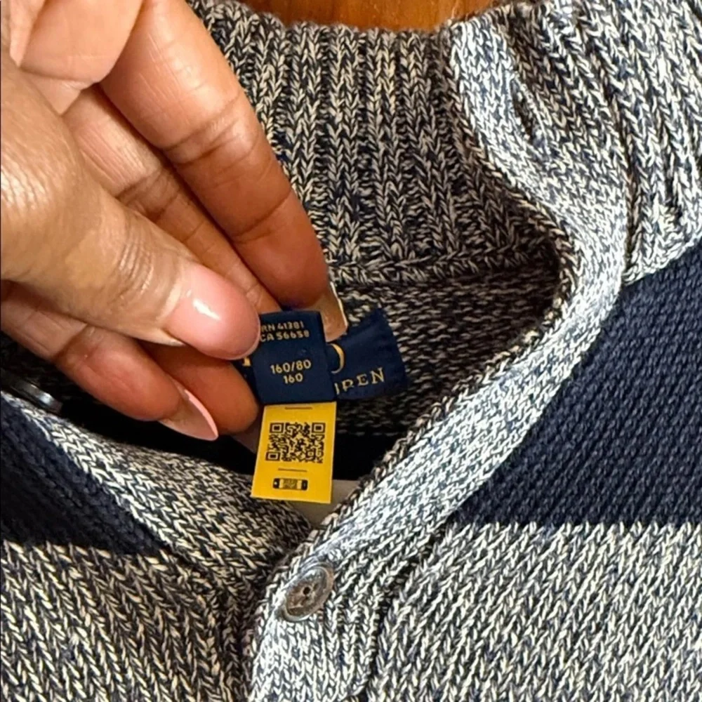 Polo by Ralph Lauren Navy and Heather Gray Striped V-Neck Sweater